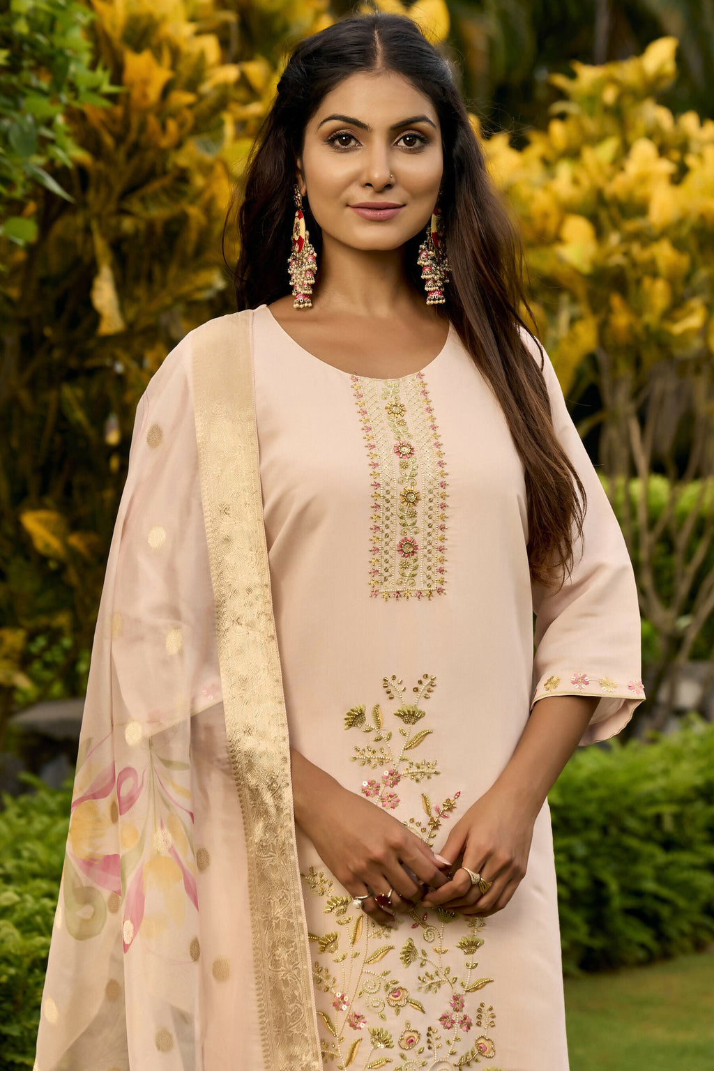 The52 Women's Beautiful Embroidery Work Roman Fabric Straight Kurta Pant and Dupatta Set - Distacart