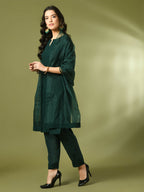 Myshka Women's Green Embroidered Cotton Straight Party Kurta Set With Dupatta