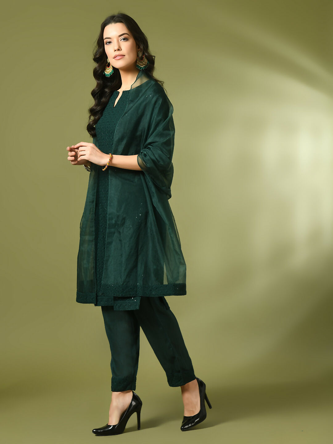Myshka Women's Green Embroidered Cotton Straight Party Kurta Set With Dupatta