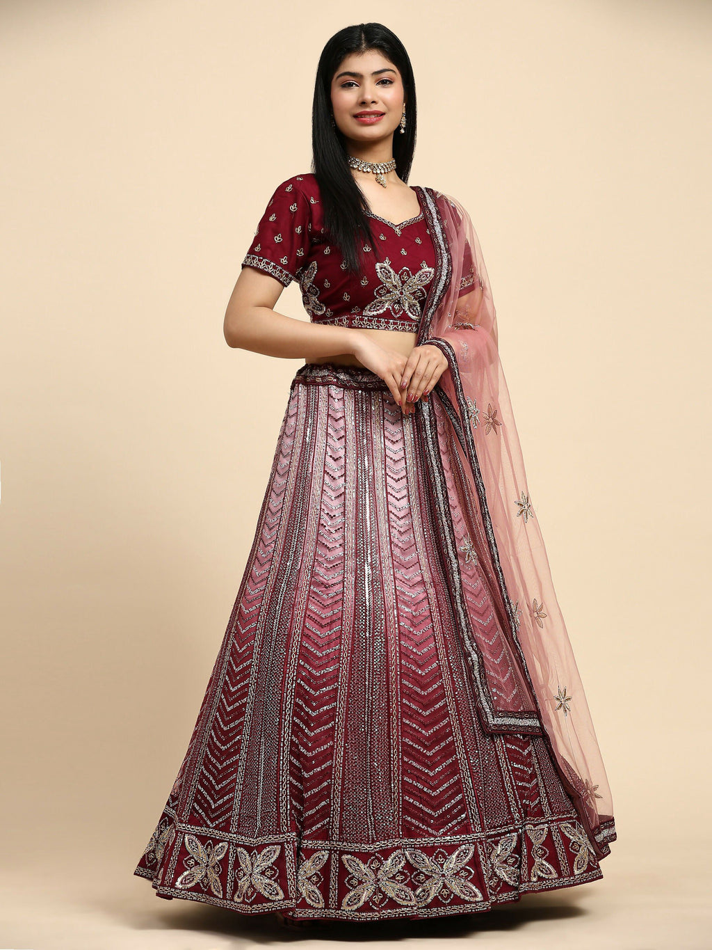 Maroon Fancy Net Sequence Embroidered Lehenga Choli with Dupatta - Dhara