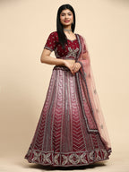 Maroon Fancy Net Sequence Embroidered Lehenga Choli with Dupatta - Dhara