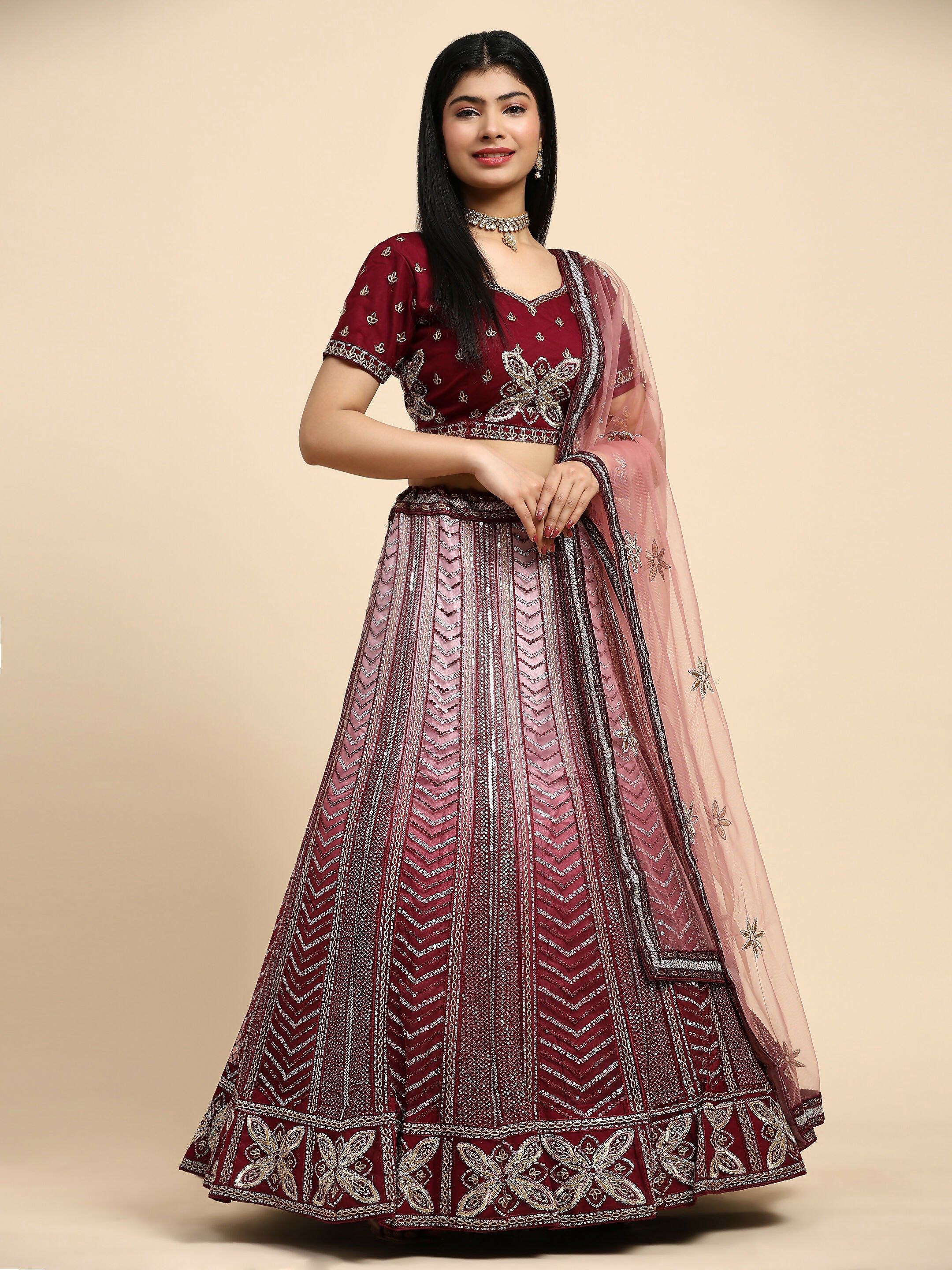 Maroon Fancy Net Sequence Embroidered Lehenga Choli with Dupatta - Dhara
