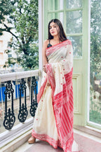 Exclusive Collection White Red Most Trending Beautiful Pure Cotton Handloom Saree