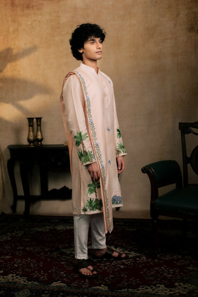 Falling Raw Silk Peach Gajavana Kurta Set By Hilo Design