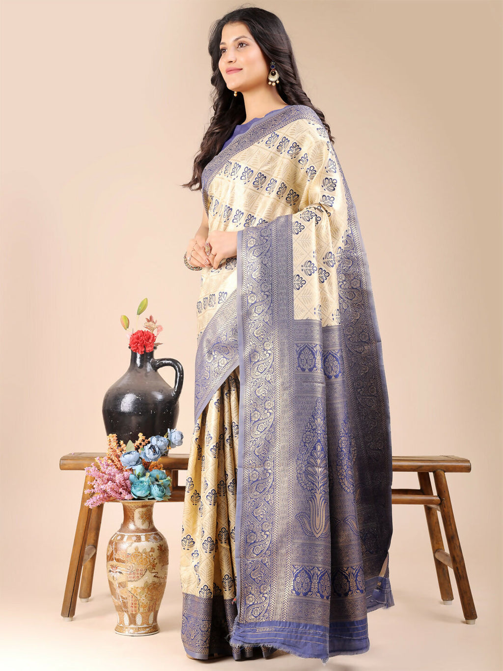 Shree Shyam Fashion Aura Silk Cream Navy Blue Banarasi Silk Saree