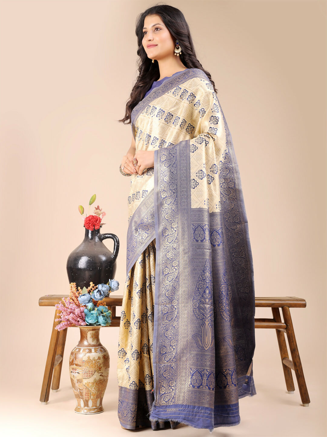 Shree Shyam Fashion Aura Silk Cream Navy Blue Banarasi Silk Saree