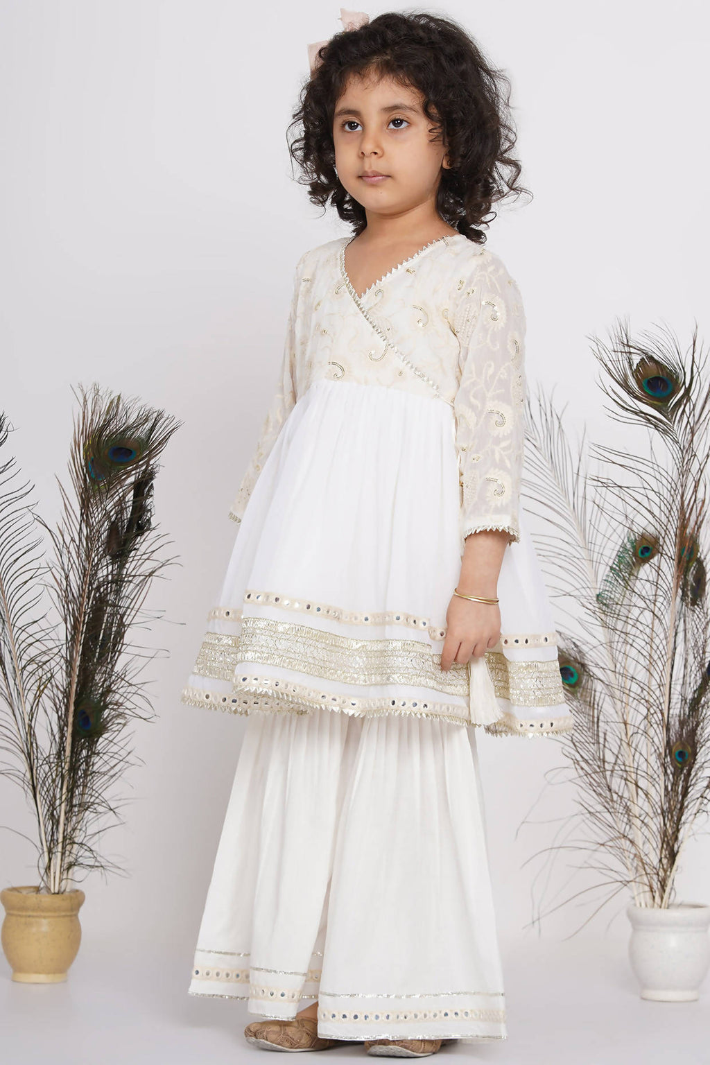 Little Bansi Girls Cotton Floral Embroidery & Lacework Kurta with Sharara & Dupatta - White