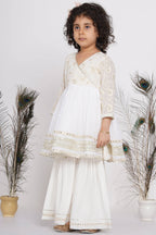 Little Bansi Girls Cotton Floral Embroidery & Lacework Kurta with Sharara & Dupatta - White