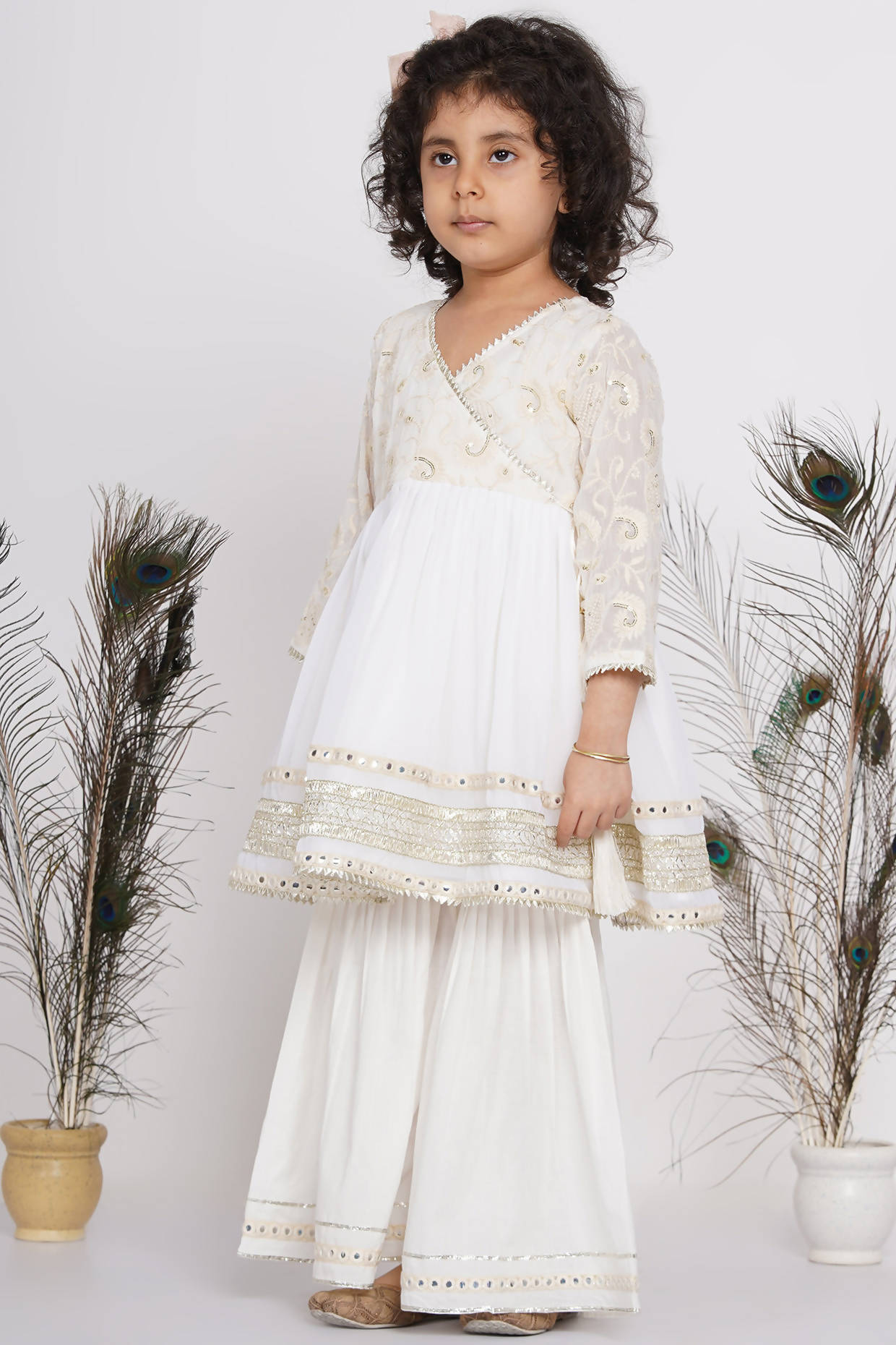 Little Bansi Girls Cotton Floral Embroidery & Lacework Kurta with Sharara & Dupatta - White