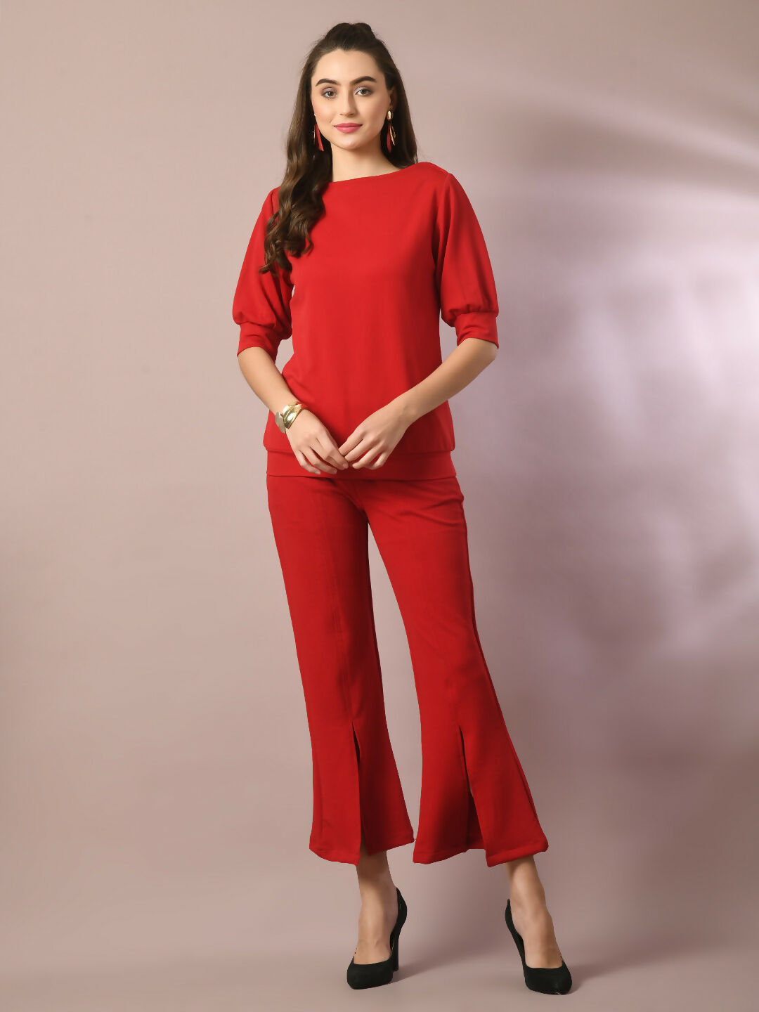 Myshka Women's Red Solid Boat Neck Party Top