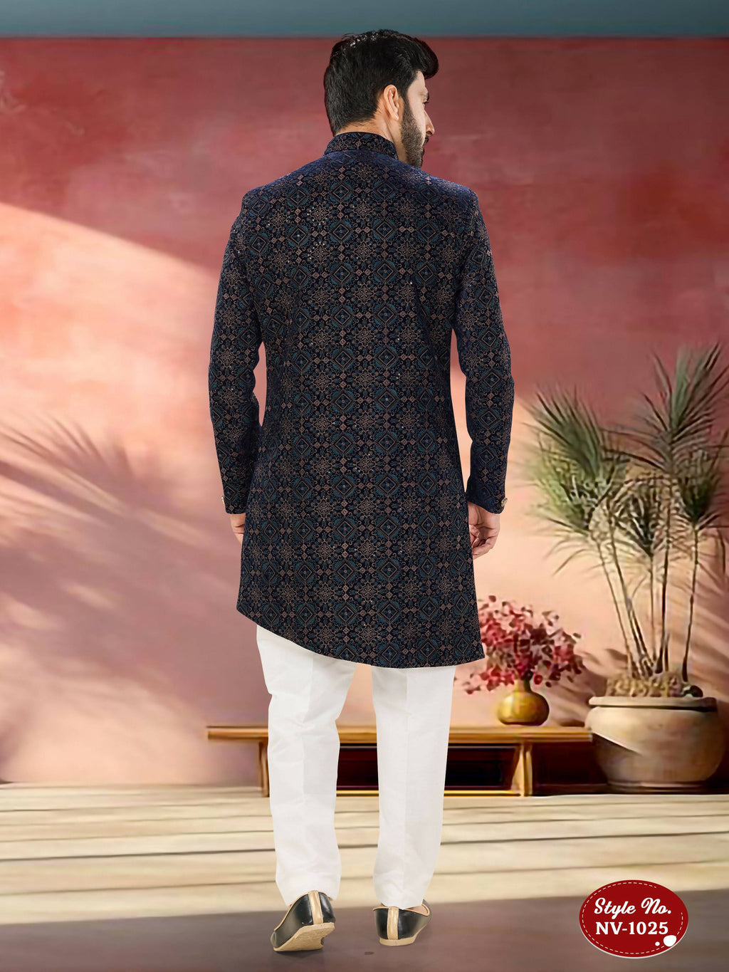 Joban Fashion Men's Blue Base Straight Velvet Thread And Sequence Embroidary All Over Indo-Western Kurta Set