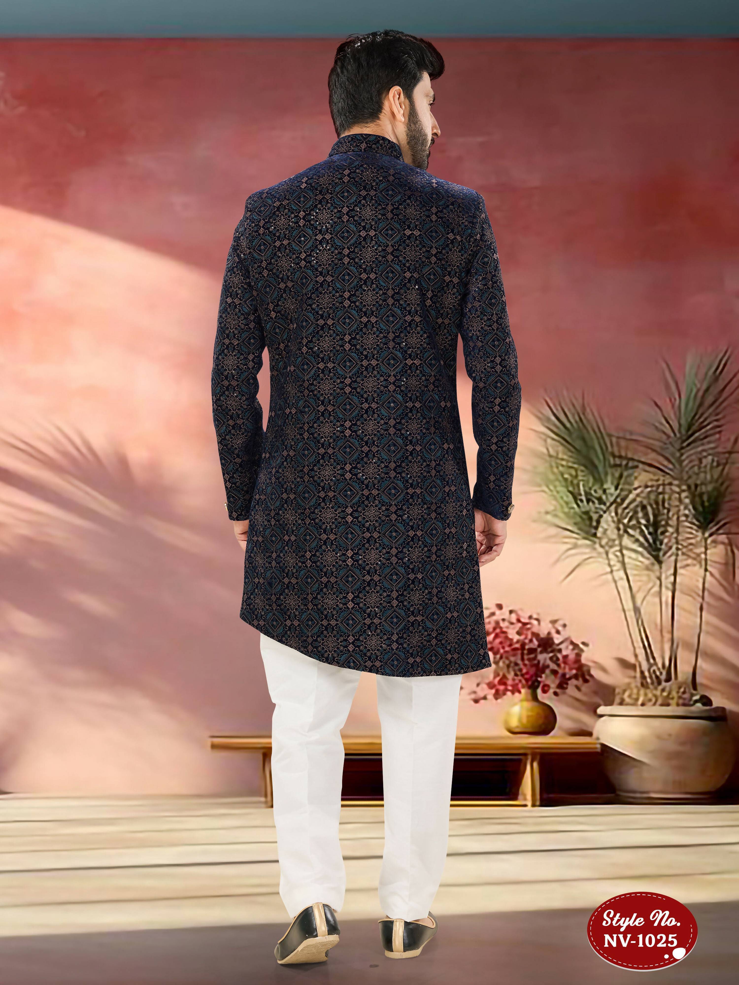 Joban Fashion Men's Blue Base Straight Velvet Thread And Sequence Embroidary All Over Indo-Western Kurta Set