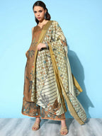 Ahalyaa Women's Brown Colour Cotton Blend Digital Printed Kurta Palazzo Set With Dupatta - Distacart