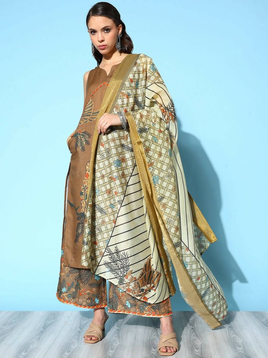 Ahalyaa Women's Brown Colour Cotton Blend Digital Printed Kurta Palazzo Set With Dupatta - Distacart