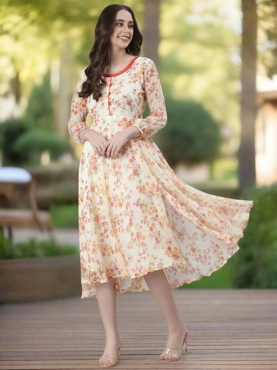 Souchii Cream Floral Printed Fit & Flare Dress