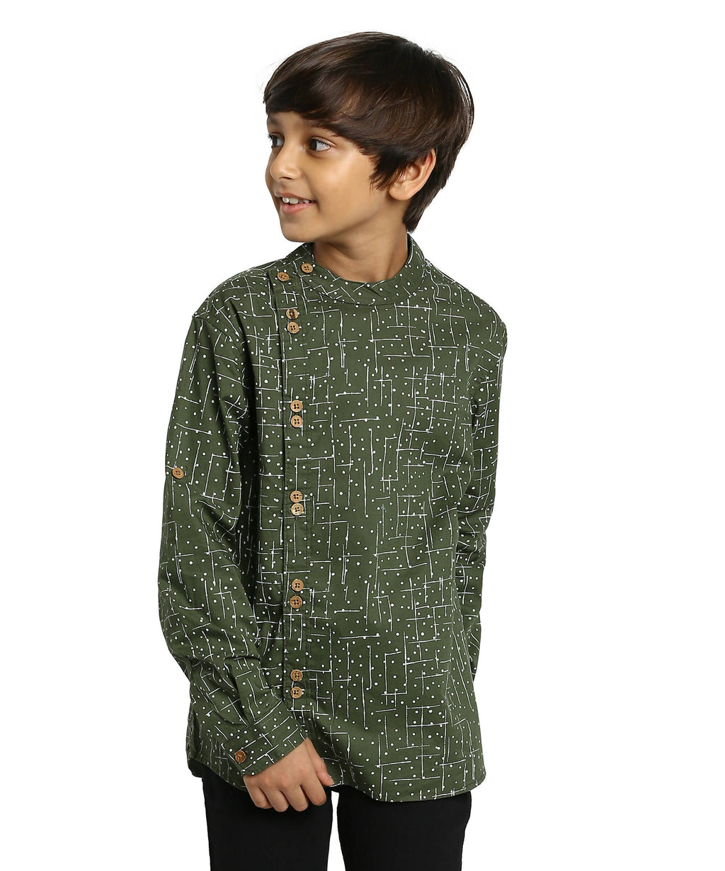 Manet Boys Full Sleeves Dot Printed Ethnic Shirt - Olive Green