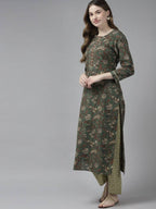 Yufta Women Green and Beige Floral Print Pure Cotton Kurta with Palazzo and Dupatta