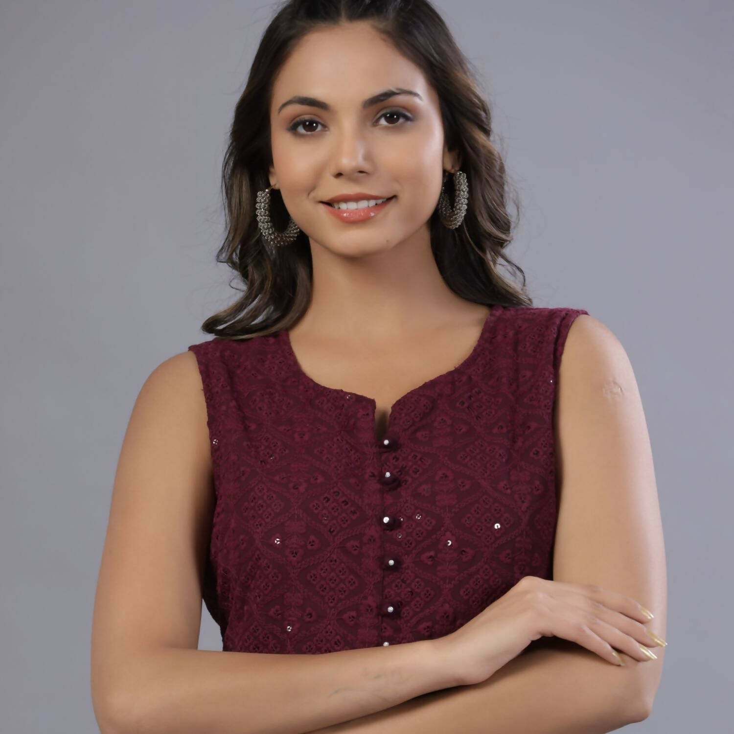 Juniper Women Wine Georgette Embroidered Peplum Tunic