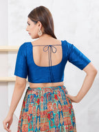Joban Fashion Fire-Blue Dupion Silk Elbow Sleeveless Front Open Blouse