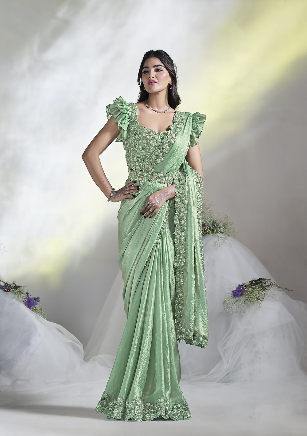 Sea Green Two Tone Satin Silk Designer Ready to wear saree with stithced Blouse - Mohmanthan Aura