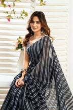 Vastranavya Black Digital Printed Linen Ready To Wear Designer Saree with Unstitched Blouse - Distacart