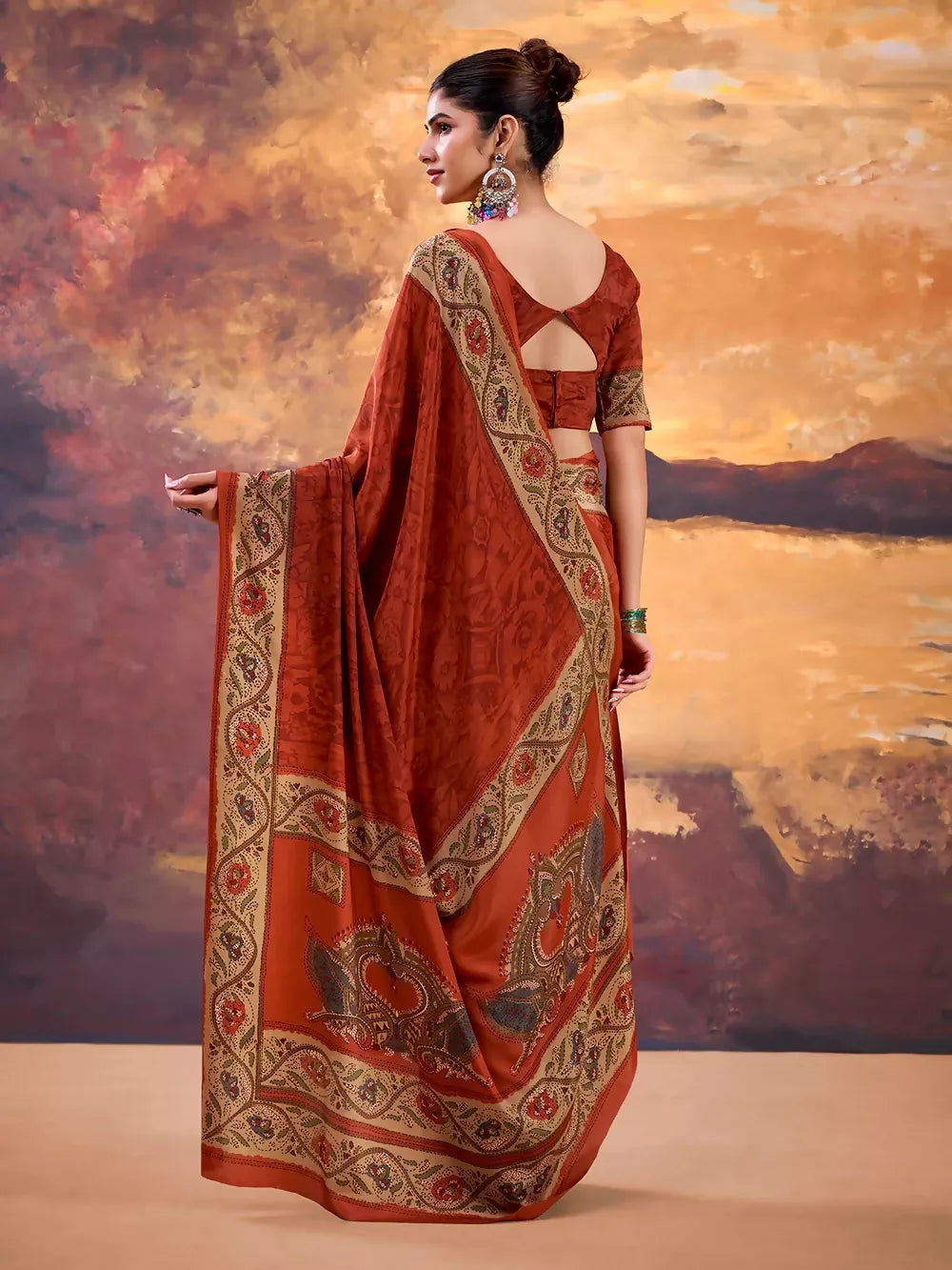 Vastranavya Orange Crepe Printed Saree with Unstitched Blouse - Distacart