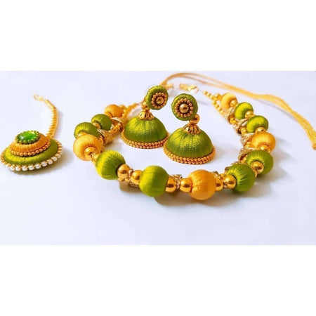 Green and Gold Silk Threaded Necklace Set with Earrings and Maang Tika