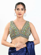 Joban Fashion Green Multi Georgette Padded Blouse With V Neck Sleeveless - Distacart