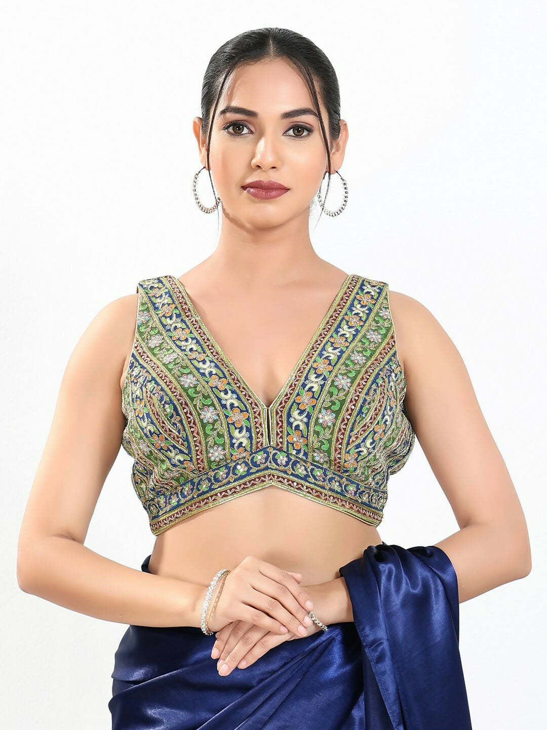 Joban Fashion Green Multi Georgette Padded Blouse With V Neck Sleeveless - Distacart