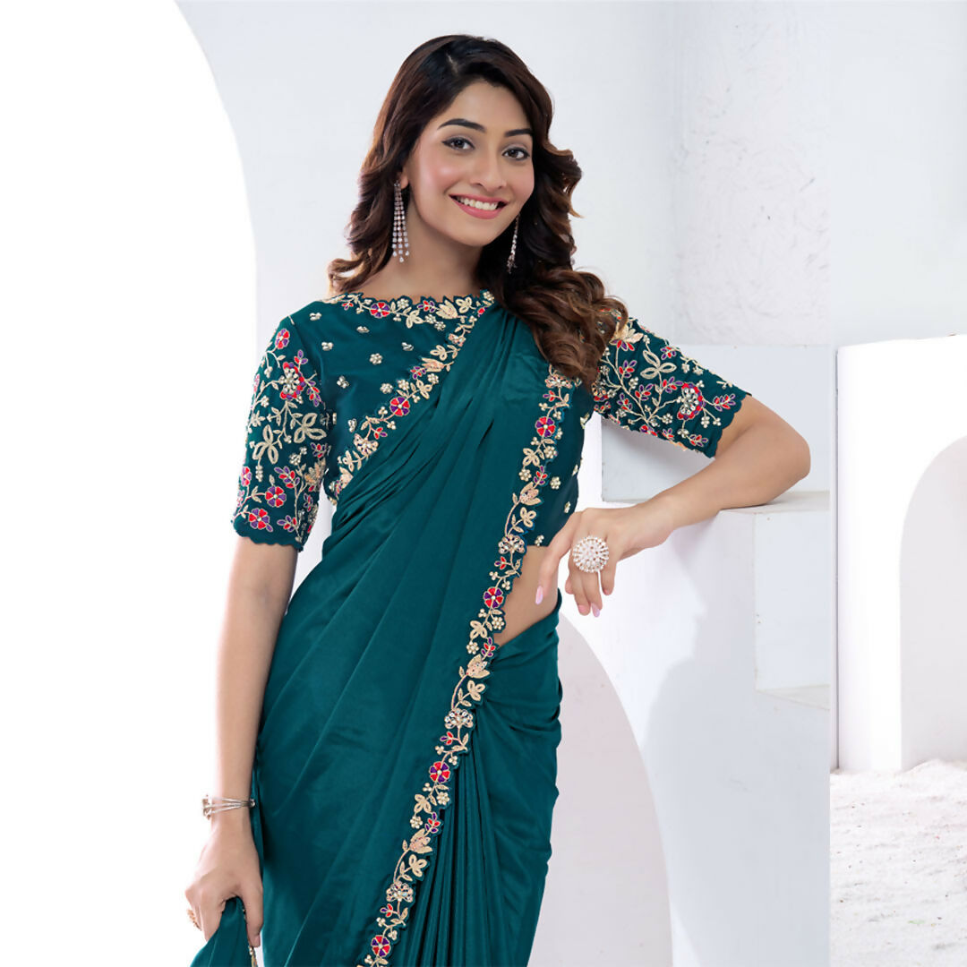 Teal Pure Crepe Silk Dual Sequence With Hand Work Saree With Unstitched Blouse - Norita Swaraa