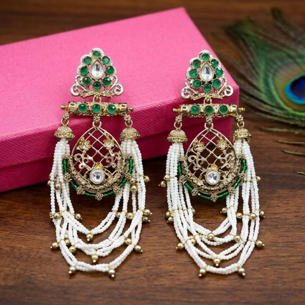 Jewel City Elegant Kundan & Green Emerald Pearl Drop Jhumka Earrings – Traditional Handcrafted Ethnic Jewelry - Distacart