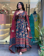 The52 Women's Beautiful Cotton Fabric Printed Work Flared Kurta Palazzo and Dupatta Set - Distacart