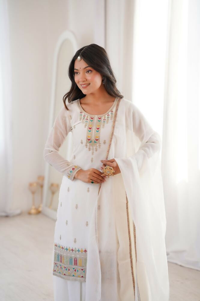 Lehenga Mart Designer Sharara Suit With Kurta, Sharara, Dupatta For Women-Off White - Distacart