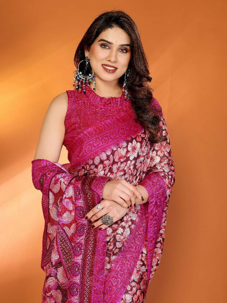 PR Fashion Pink Kota Doria Printed Saree