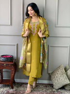 The52 Mustard Gorgeous Embroidered Viscose Chanderi Fabric Straight Kurta Pant with Dupatta Set - Distacart
