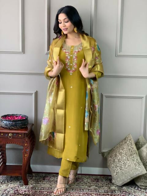 The52 Mustard Gorgeous Embroidered Viscose Chanderi Fabric Straight Kurta Pant with Dupatta Set - Distacart