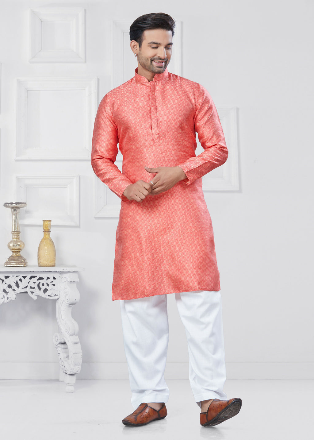 Joban Fashion Men's Jacquard Silk Pink Printed Kurta Pyjama set