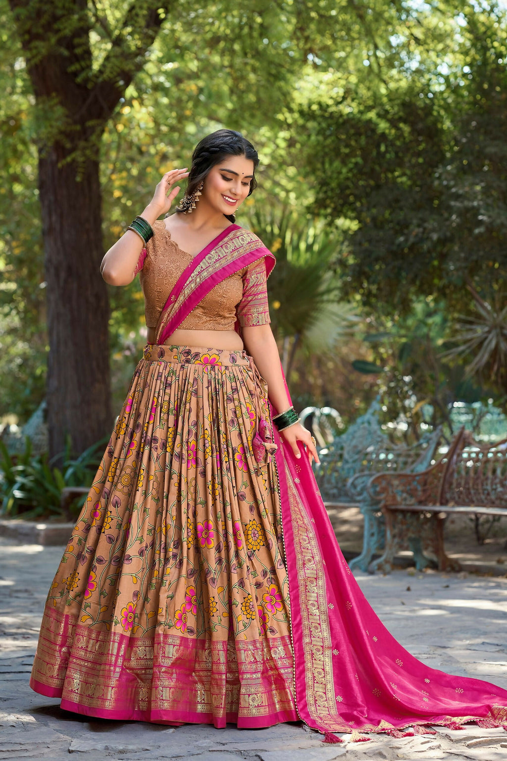 Vastranavya Kalamkari Print With Foil Print Lehenga with Unstitched Printed Blouse - Mustard