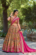 Vastranavya Kalamkari Print With Foil Print Lehenga with Unstitched Printed Blouse - Mustard