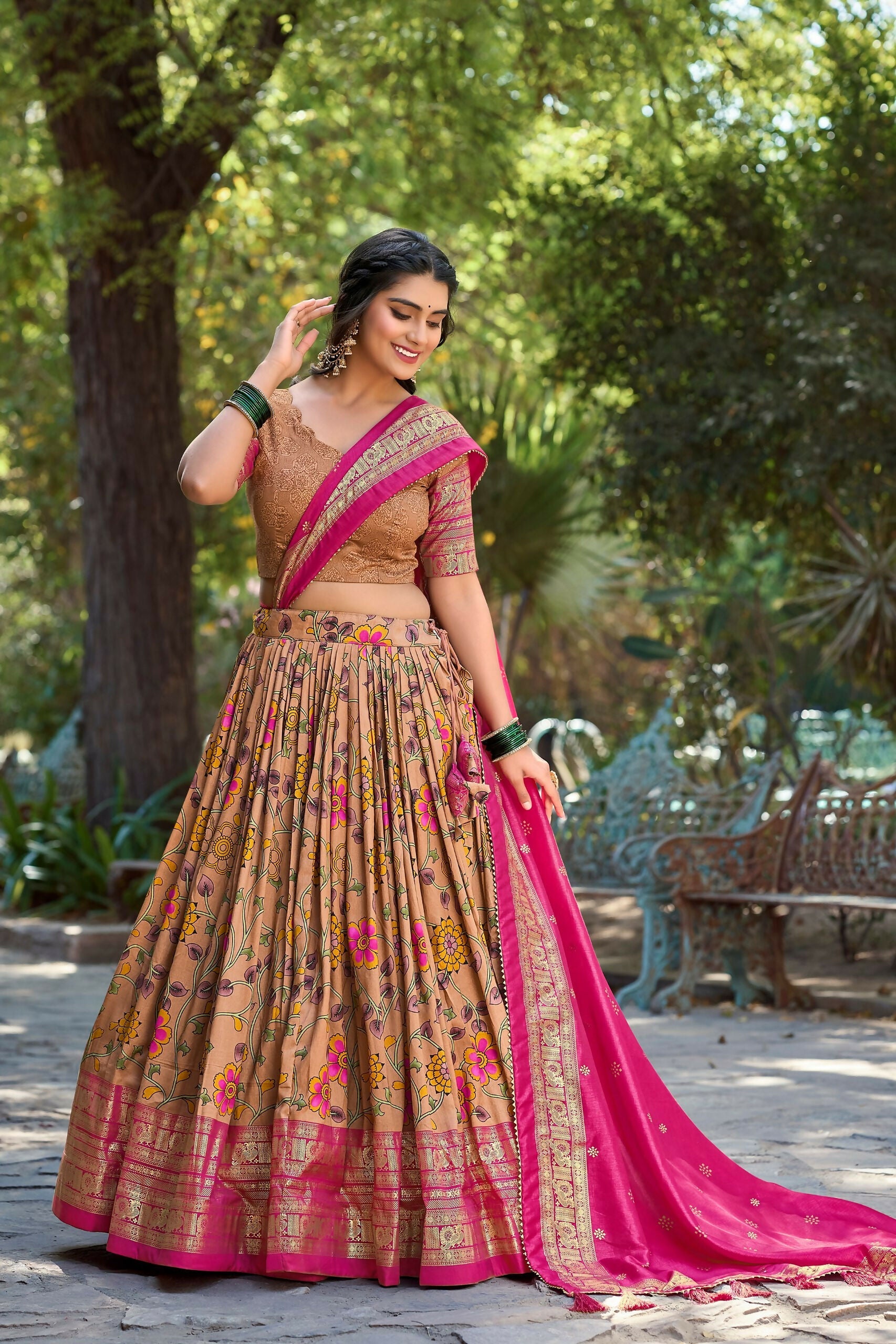 Vastranavya Kalamkari Print With Foil Print Lehenga with Unstitched Printed Blouse - Mustard