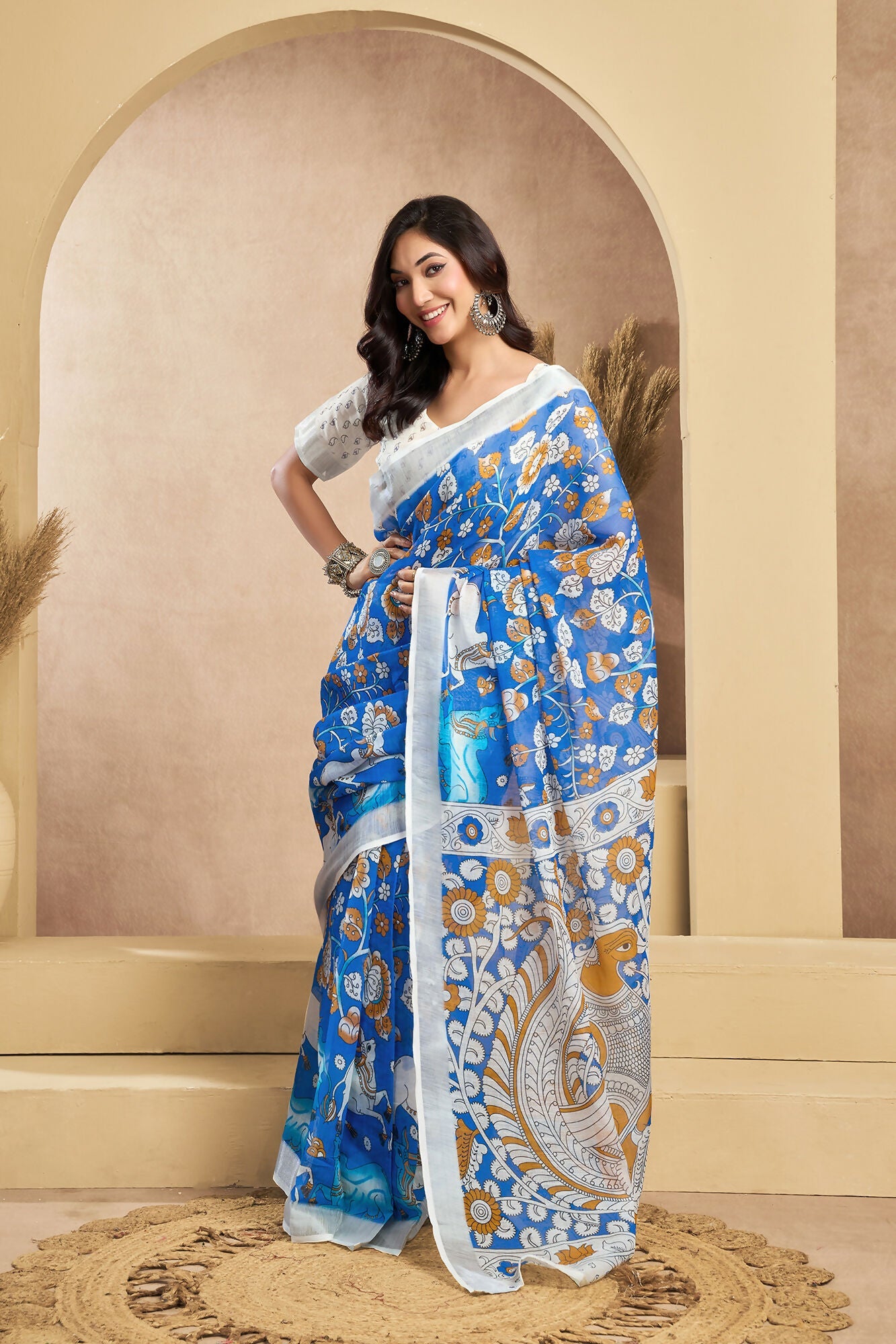 Vastranavya Blue Digital Printed Linen Ready To Wear Designer Saree with Unstitched Blouse - Distacart