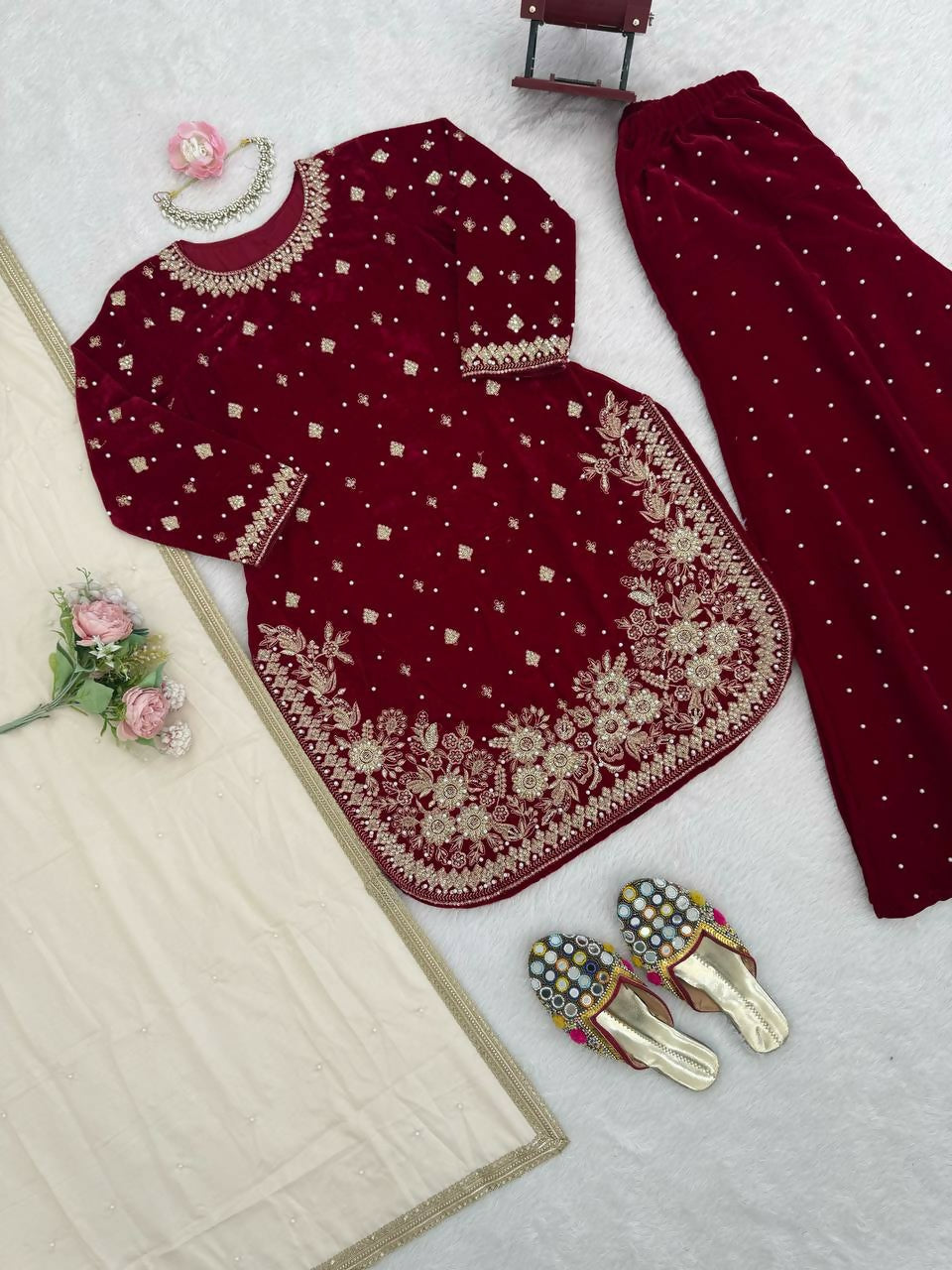 Vastranavya Maroon Viscose Velvet Intricate Thread & Sequence With Pearl Work Top Palazzo With Dupatta
