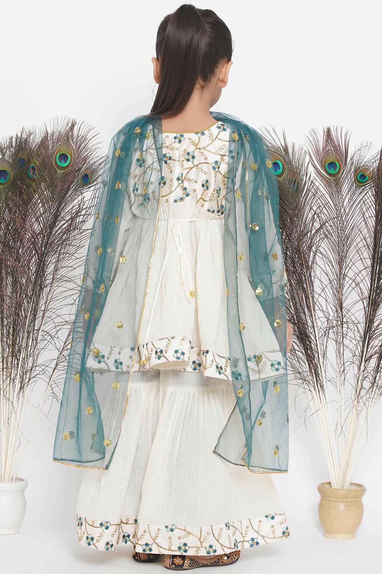Little Bansi Blue Floral Embroidery Jacket with Cotton Kantha Frock Sharara and Dupatta with Ghungroo Handwork - Cream