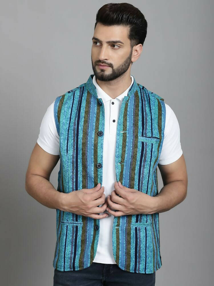 Even Apparels Nehru Jacket With Welt Pockets - Blue