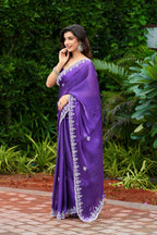 Vastranavya Purple-Blue Embroidery Work Shimmer Chiffon Saree with Unstitched Blouse - Distacart