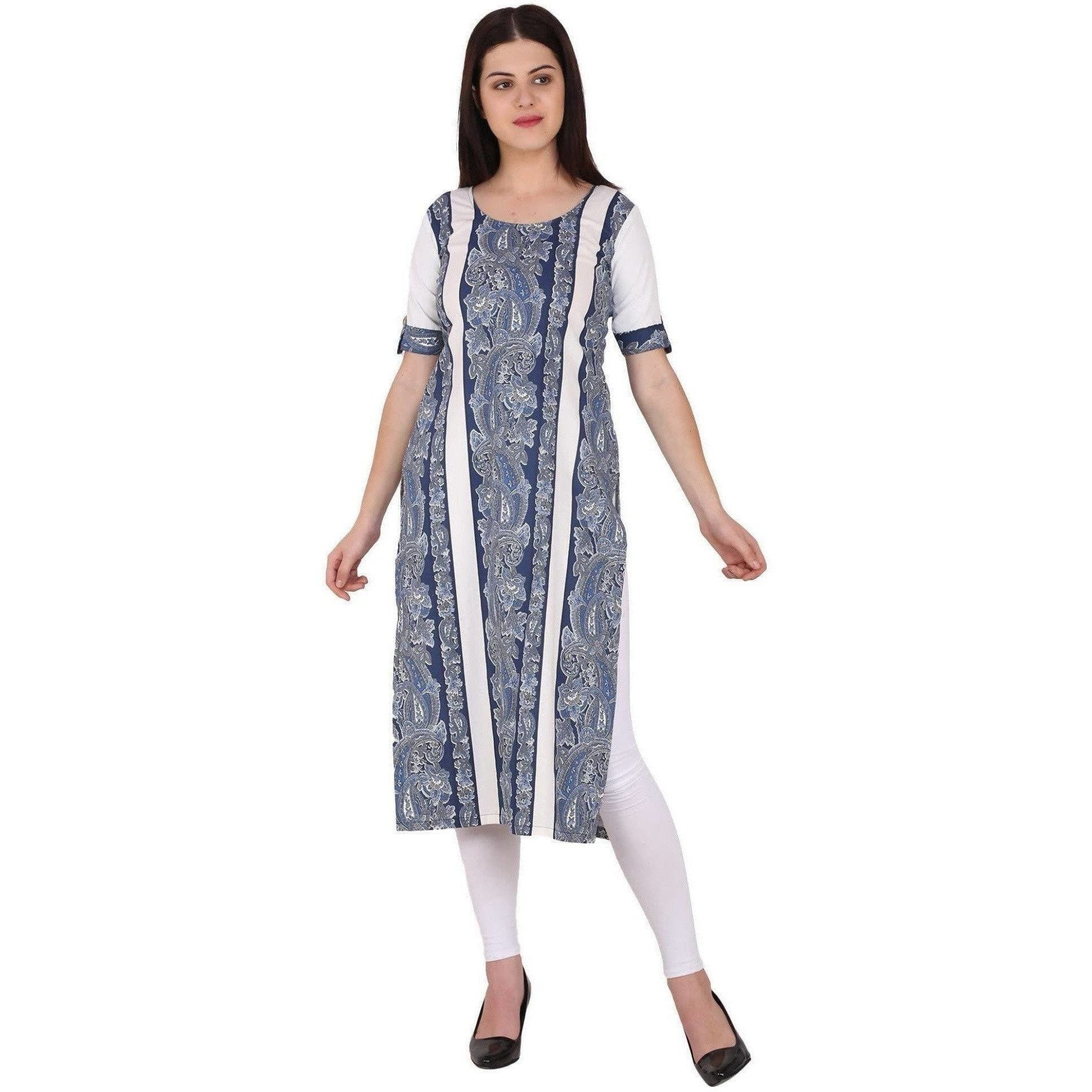 Kanoor Womens Blue Coloured Cotton Straight Kurti
