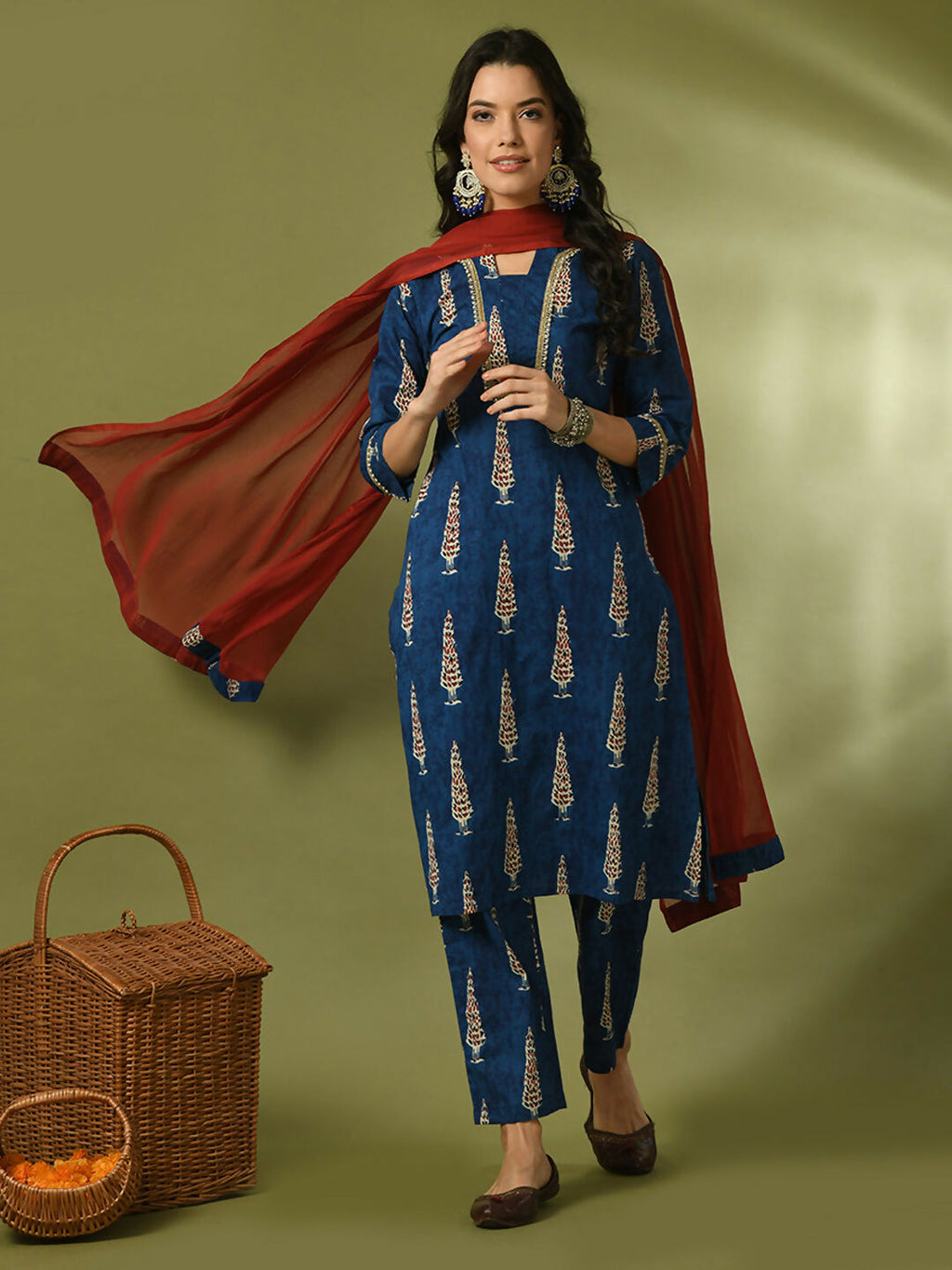 Myshka Women's Blue Printed Cotton Straight Party Kurta Set With Dupatta