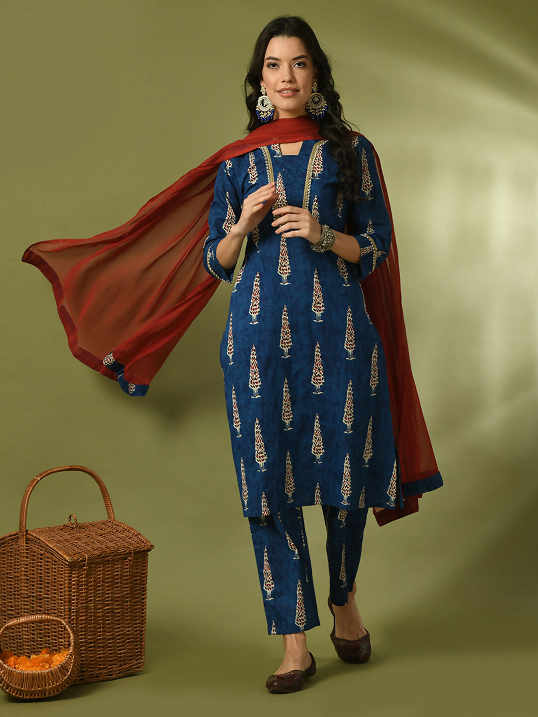 Myshka Women's Blue Printed Cotton Straight Party Kurta Set With Dupatta
