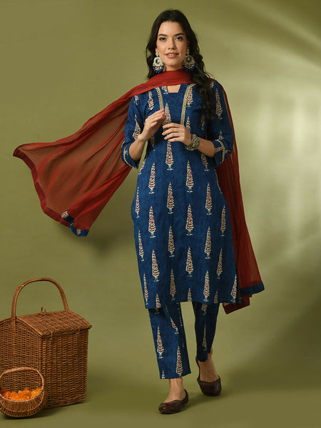 Myshka Women's Blue Printed Cotton Straight Party Kurta Set With Dupatta