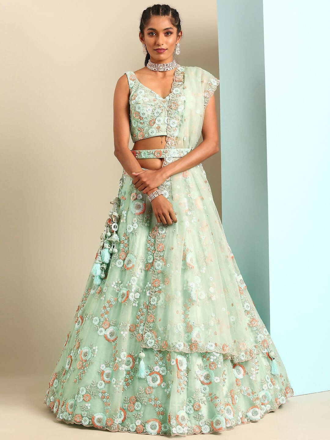 House of Panchhi Sea Green Net Sequins and Zarkan embroidery Lehenga choli & Dupatta